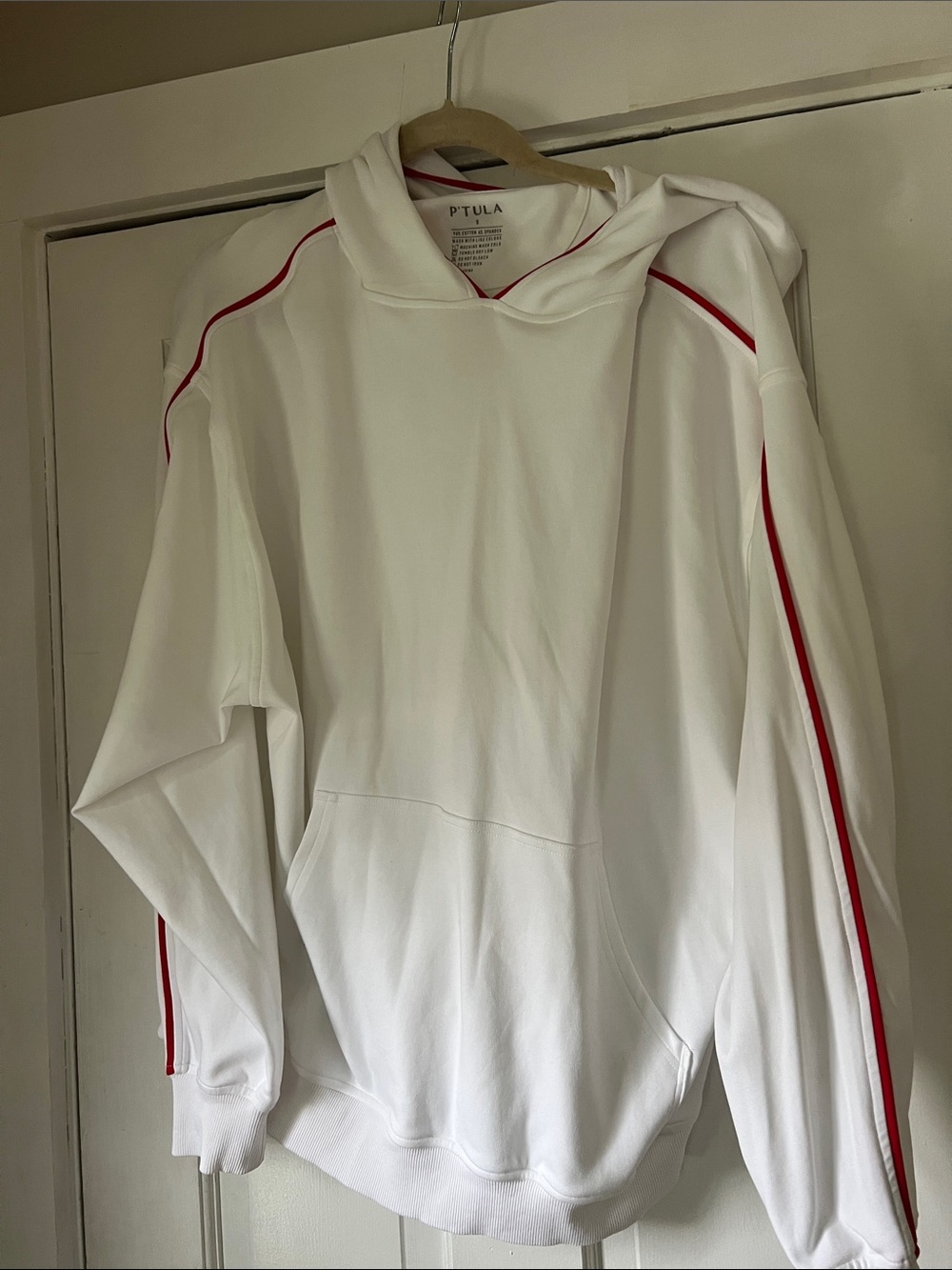 P'tula Men’s White Crewneck Hoodie with Red Shoulder & Sleeve Stripes